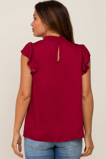 Burgundy Mock Neck Flutter Maternity Blouse