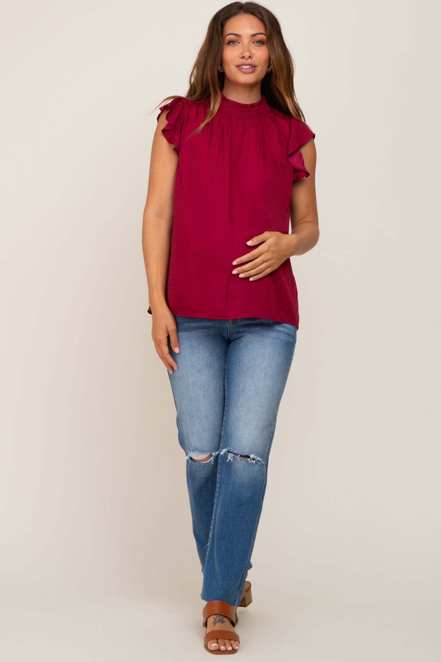 Burgundy Mock Neck Flutter Maternity Blouse