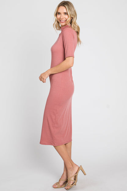 Mauve Ribbed Mock Neck Midi Dress