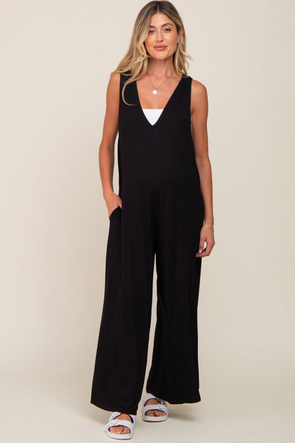 Black Deep V Sleeveless Wide Leg Maternity Jumpsuit
