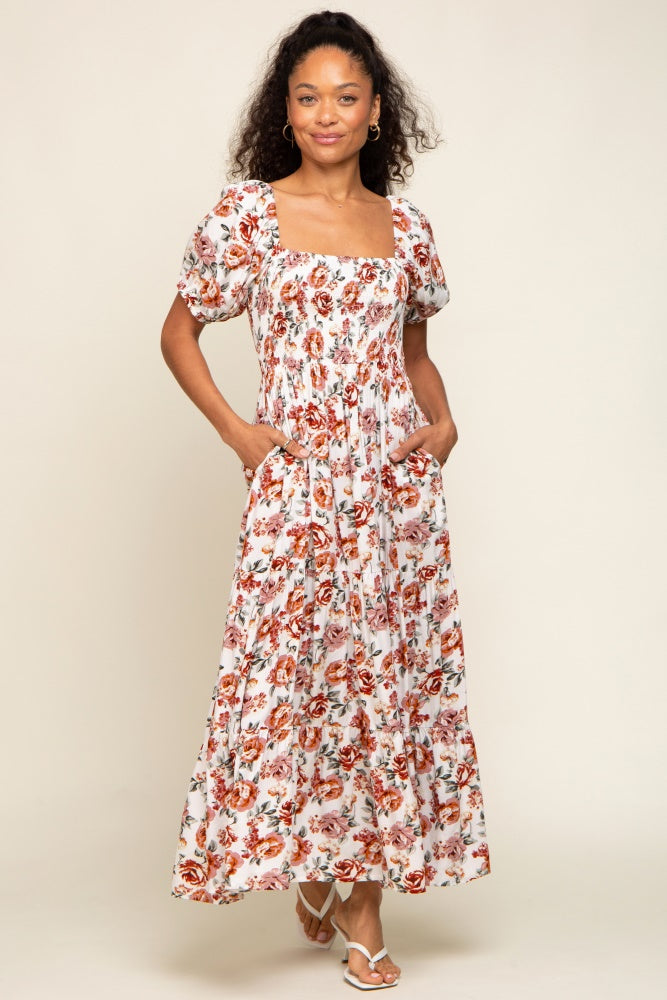 Cream Floral Smocked Square Neck Tiered Maxi Dress