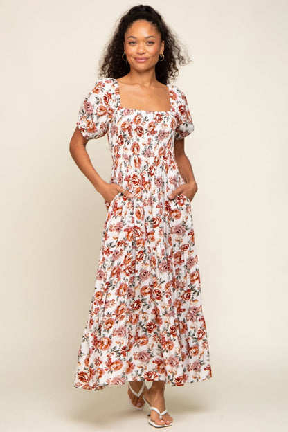 Cream Floral Smocked Square Neck Tiered Maxi Dress