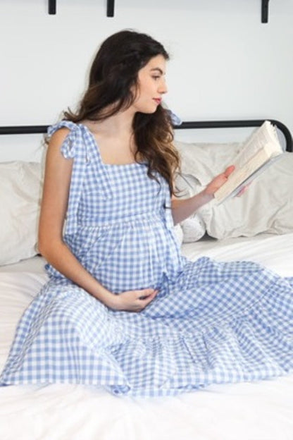 Blue Checkered Sleeveless Tiered Maternity Maxi Dress