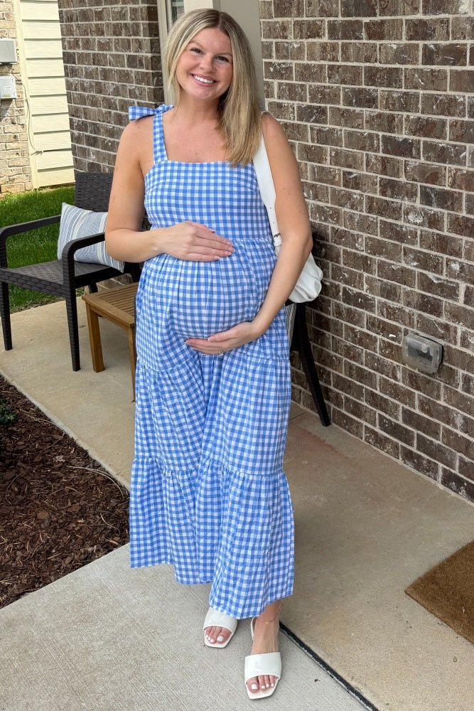 Blue Checkered Sleeveless Tiered Maternity Maxi Dress