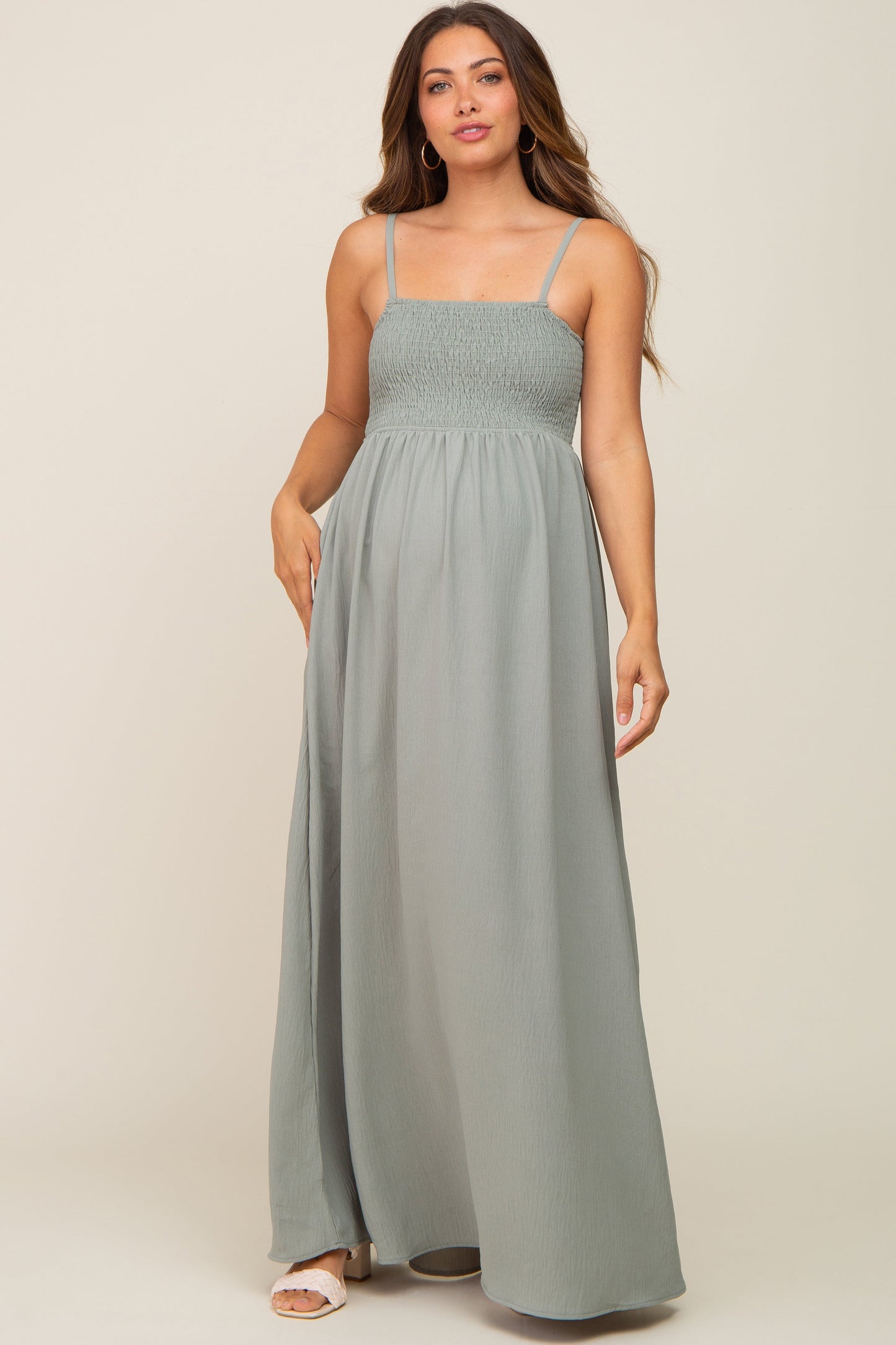 Light Olive Smocked Sleeveless Maternity Maxi Dress