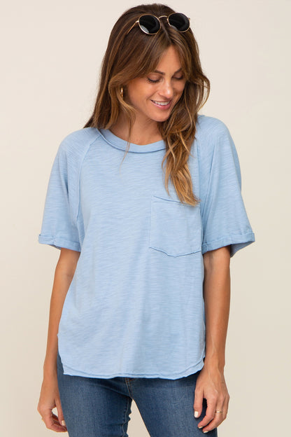 Light Blue Front Pocket Raw Edge Trim Short Sleeve Maternity Top