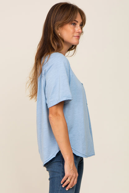 Light Blue Front Pocket Raw Edge Trim Short Sleeve Top