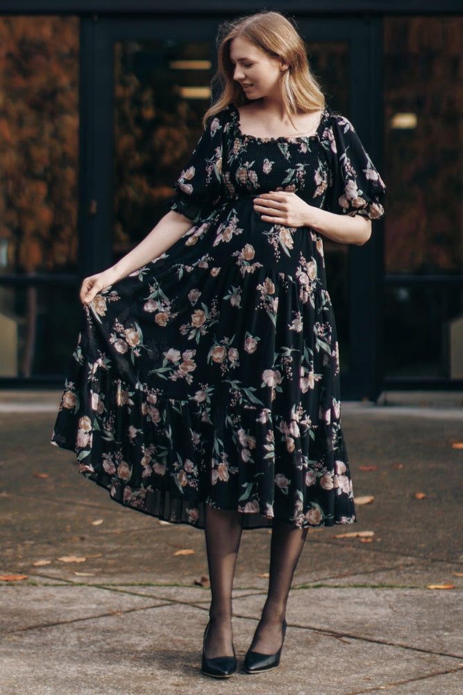 Black Floral Chiffon Ruffle Square Neck Smocked Maternity Midi Dress