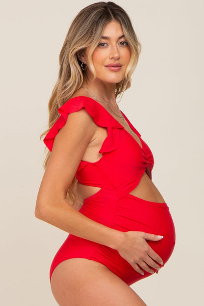 Red Cutout Flutter One Piece Maternity Swimsuit