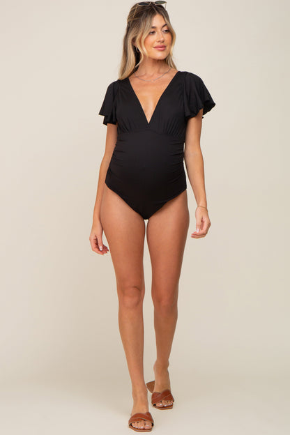 Black Deep V-Neck Flounce Maternity One Piece Swimsuit