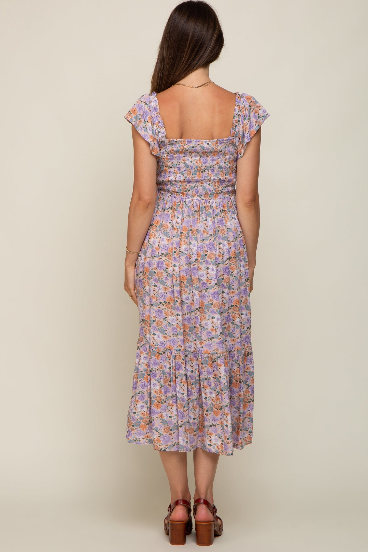 Light Pink Floral Off Shoulder Smocked Maternity Midi Dress