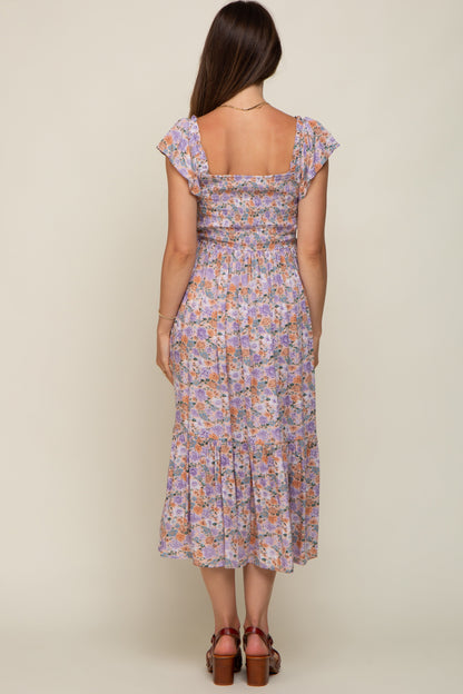 Light Pink Floral Off Shoulder Smocked Maternity Midi Dress