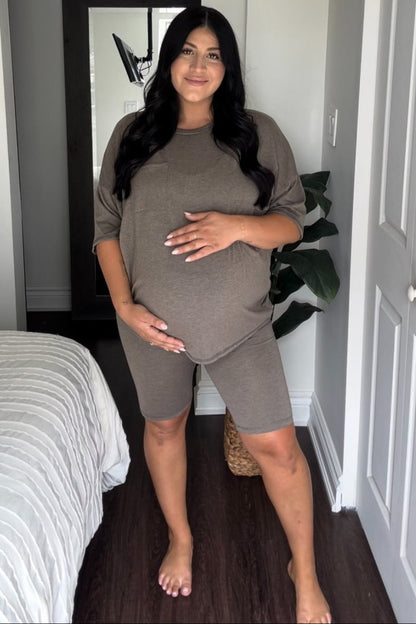 Mocha Biker Short Maternity Sleep Set