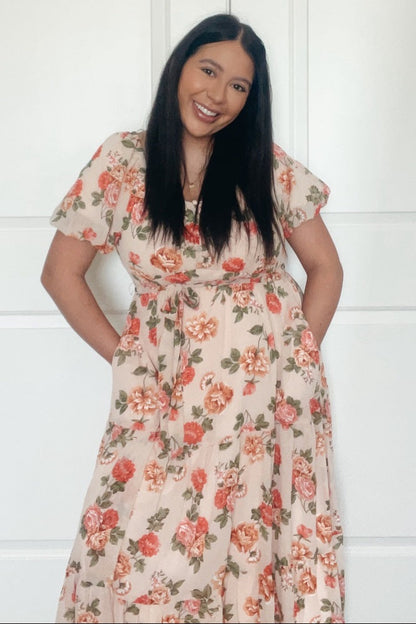 Pink Floral Button Puff Sleeve Midi Dress