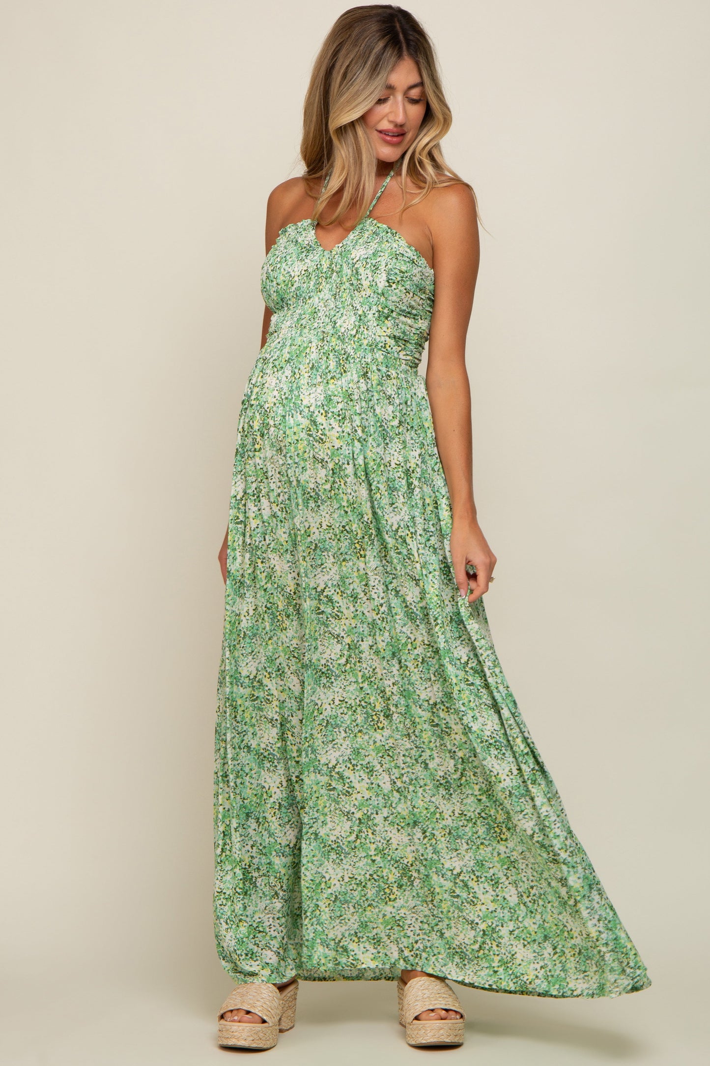 Green Floral Halter Neck Maternity Maxi Dress