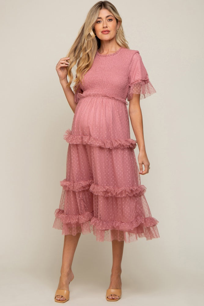 Pink Polka Dot Tulle Smocked Maternity Midi Dress