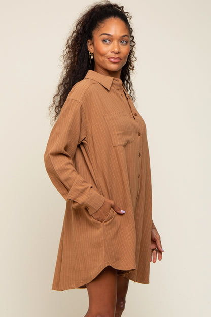 Camel Pinstriped Button-Down Linen Dress
