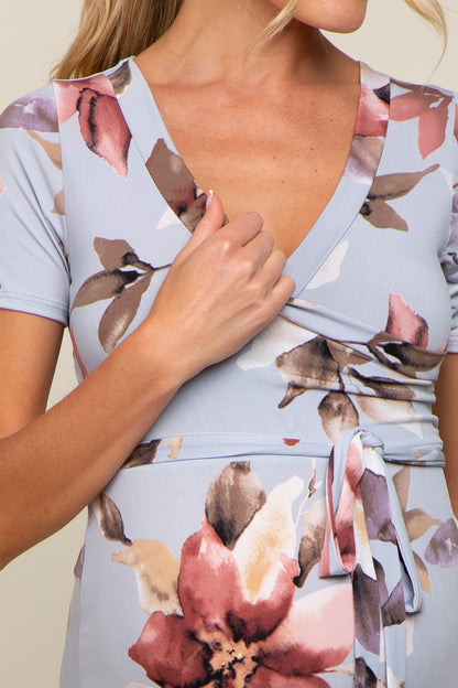 Light Blue Floral Maternity Wrap Dress