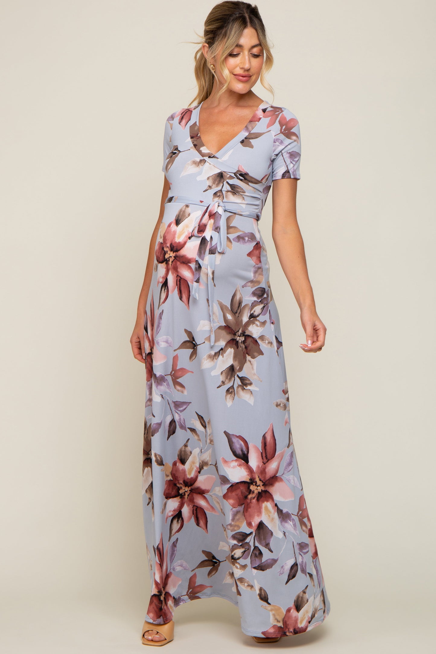Light Blue Floral Maternity Wrap Dress