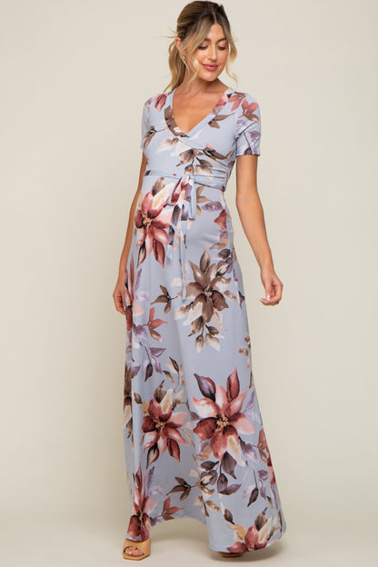 Light Blue Floral Maternity Wrap Dress