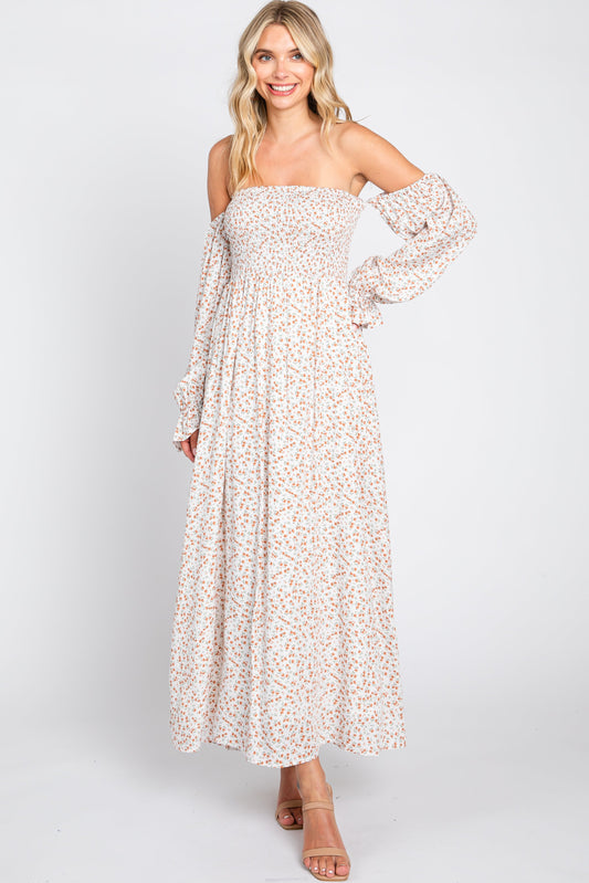 Cream Floral Square Neck Smocked Long Sleeve Maxi Dress