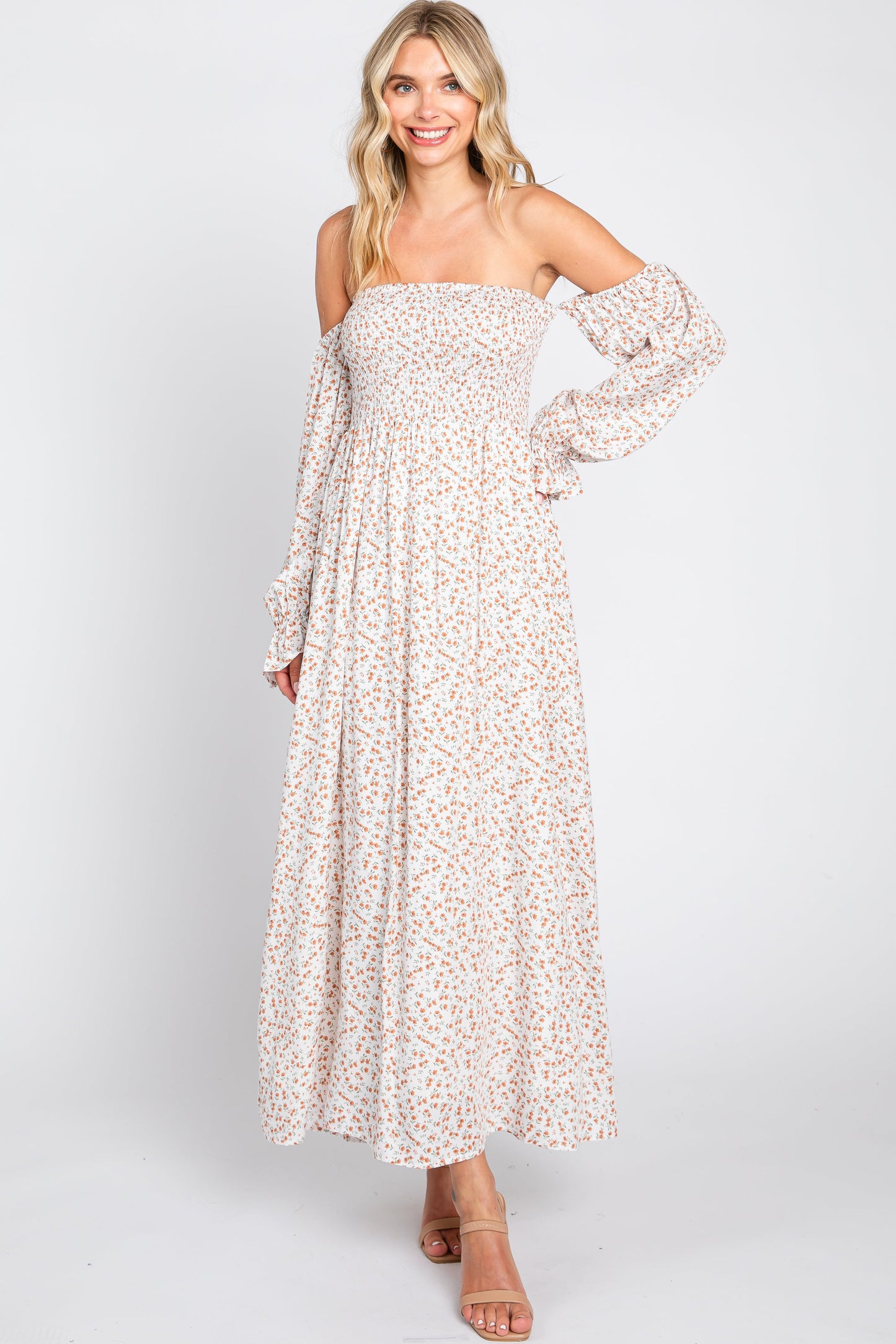Cream Floral Square Neck Smocked Long Sleeve Maternity Maxi Dress