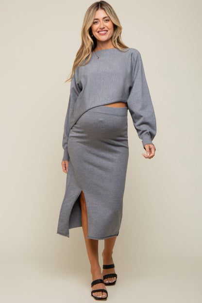 Grey Knit Long Sleeve Crop Top Maternity Midi Skirt Set