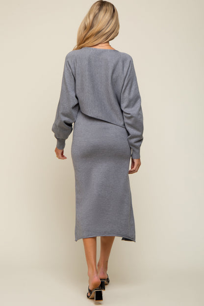Grey Knit Long Sleeve Crop Top Maternity Midi Skirt Set