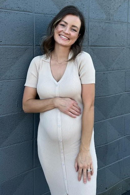 Taupe Collared Button Front Ribbed Maternity Midi Dress