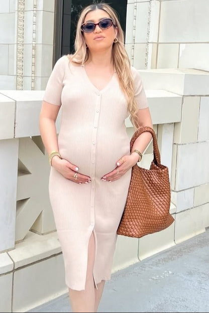Taupe Collared Button Front Ribbed Maternity Midi Dress