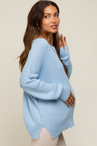 Light Blue Exposed Seam Side Slit Maternity Sweater