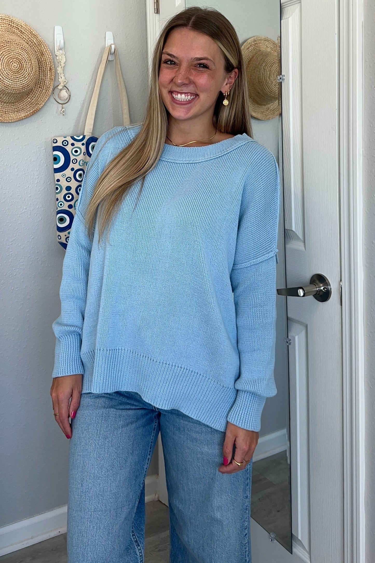Light Blue Exposed Seam Side Slit Sweater