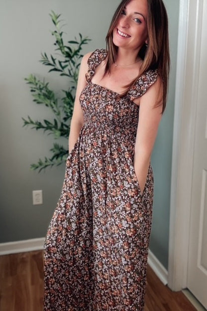Mocha Sleeveless Floral Smocked Ruffle Jumpsuit