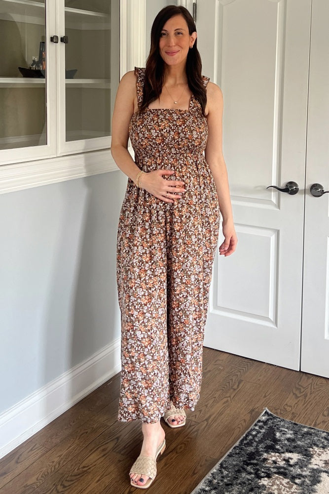 Mocha Sleeveless Floral Smocked Ruffle Maternity Jumpsuit
