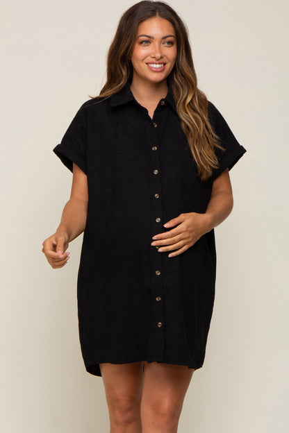Black Ribbed Button Down Maternity Mini Dress