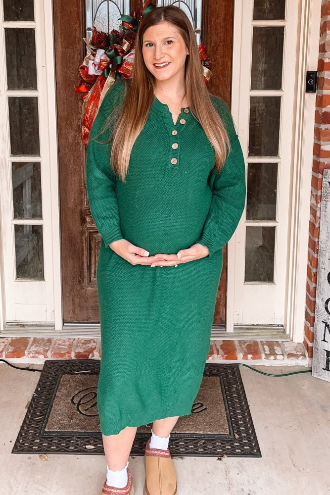 Hunter Green Waffle Knit Button Long Sleeve Maternity Midi Dress
