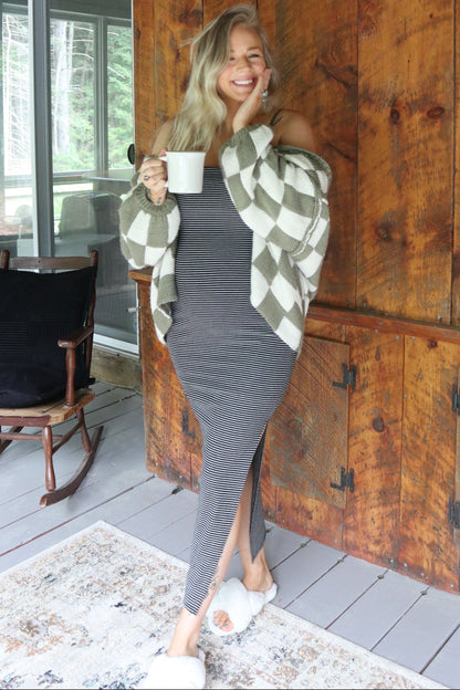 Black Striped Sleeveless Fitted Maxi Dress