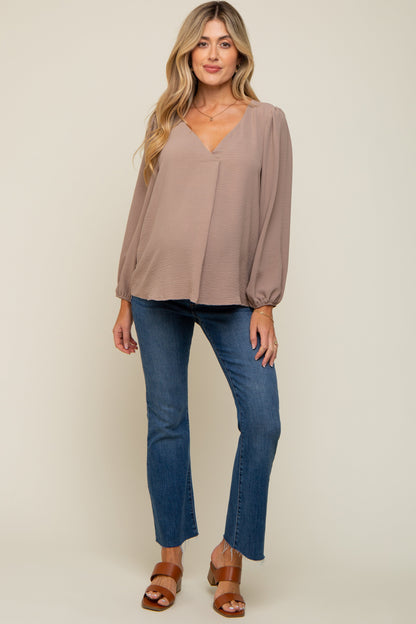 Mocha Long Puff Sleeve Maternity Blouse Top