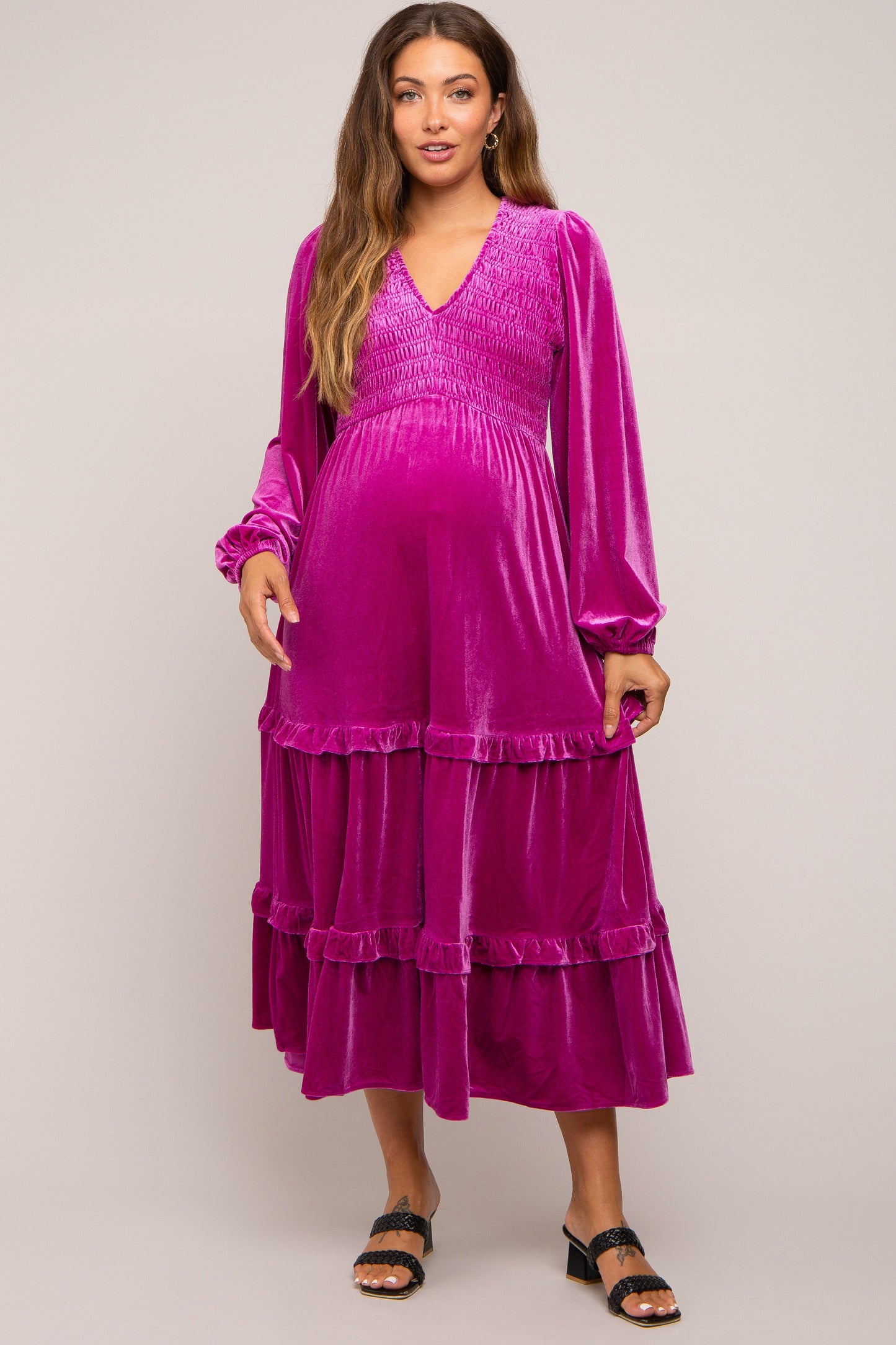 Magenta Velvet Smocked Maternity Midi Dress