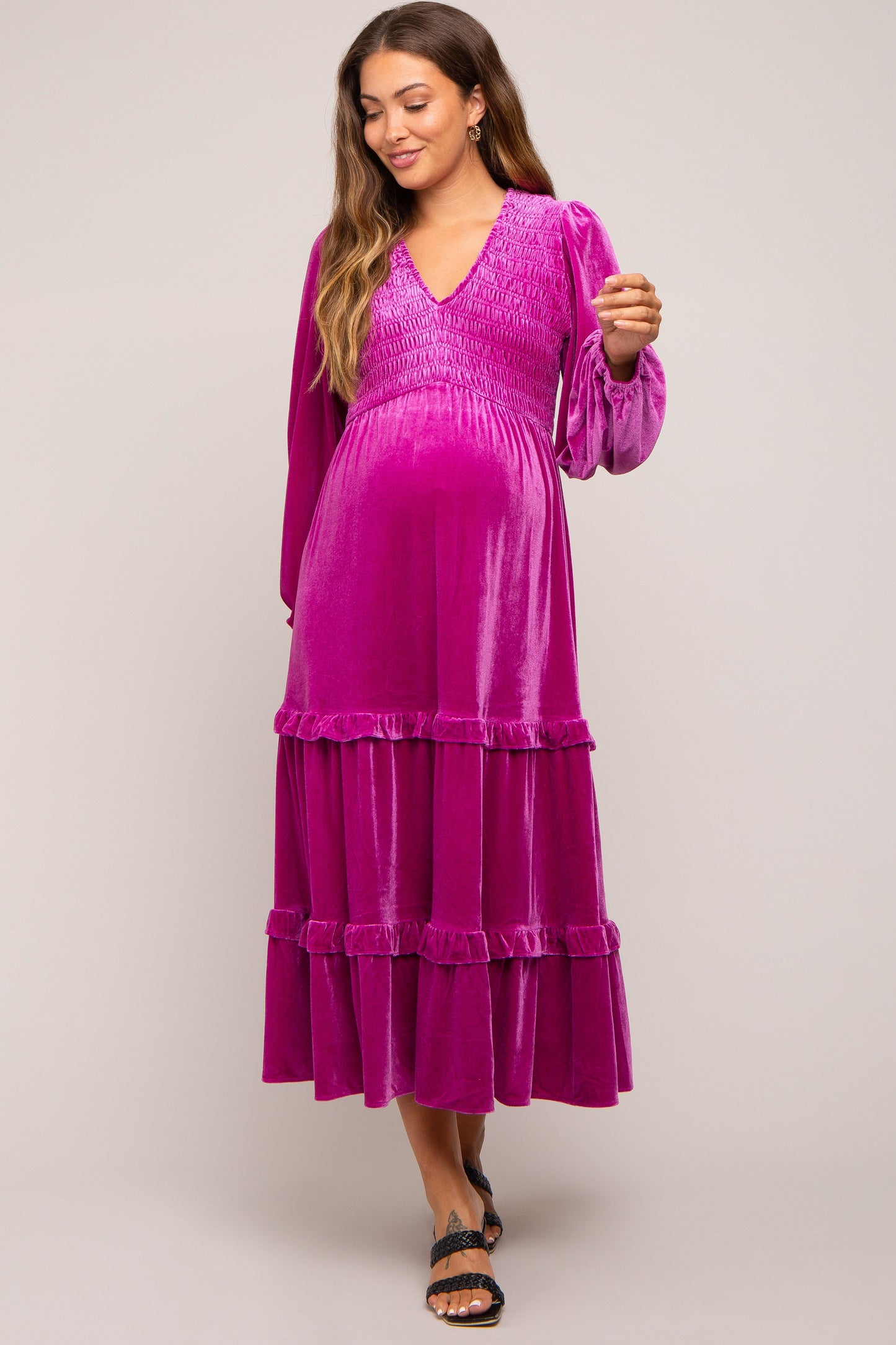 Magenta Velvet Smocked Maternity Midi Dress