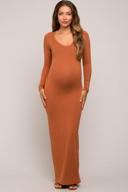 Camel Solid Long Sleeve Scoop Neck Maternity Maxi Dress