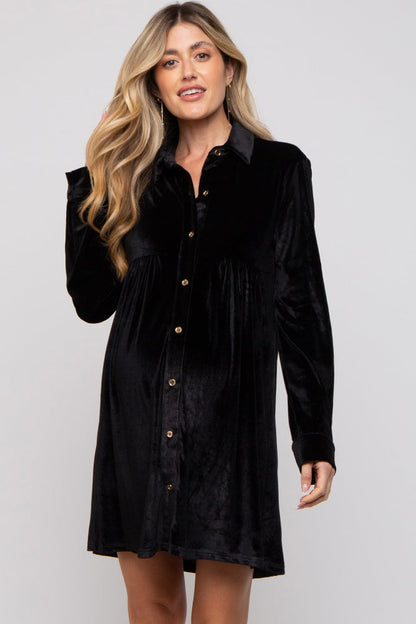 Black Velvet Button Down Maternity Dress