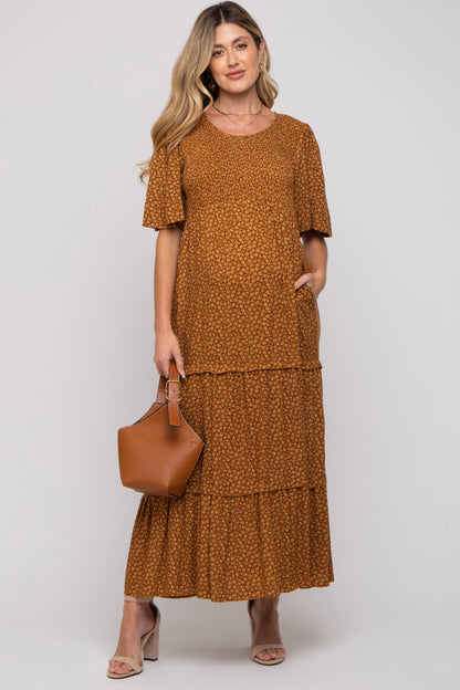Camel Ditsy Floral Smocked Ruffle Tiered Maternity Midi Dress