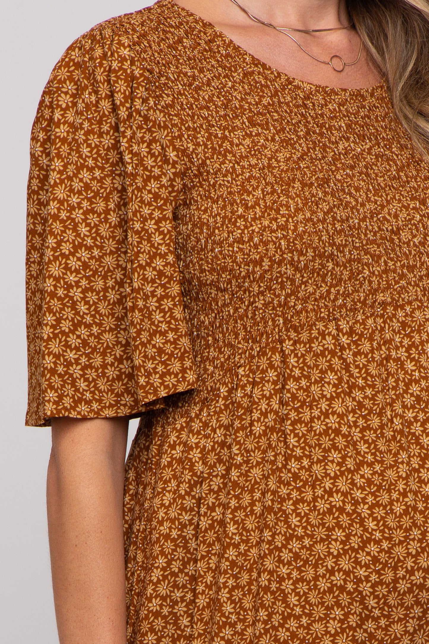 Camel Ditsy Floral Smocked Ruffle Tiered Maternity Midi Dress