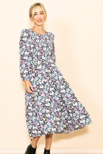 Black Floral Smocked Tiered Maternity Midi Dress