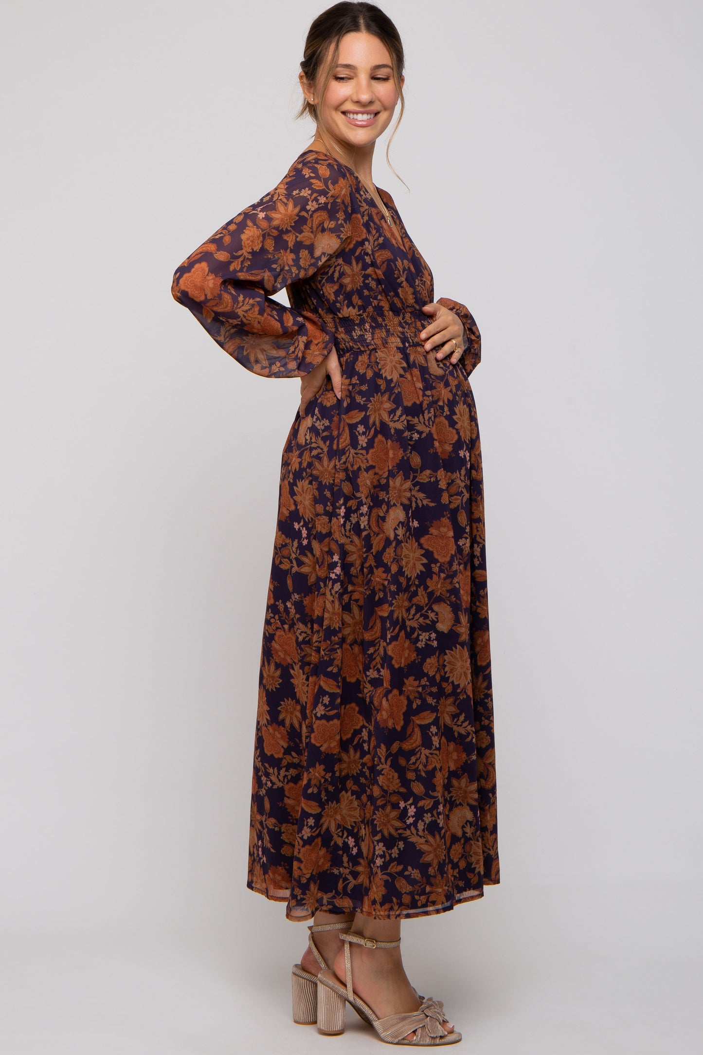 Navy Floral Long Sleeve V-Neck Maternity Maxi Dress