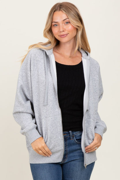 Heather Grey Front Zipper Hooded Maternity Sweater