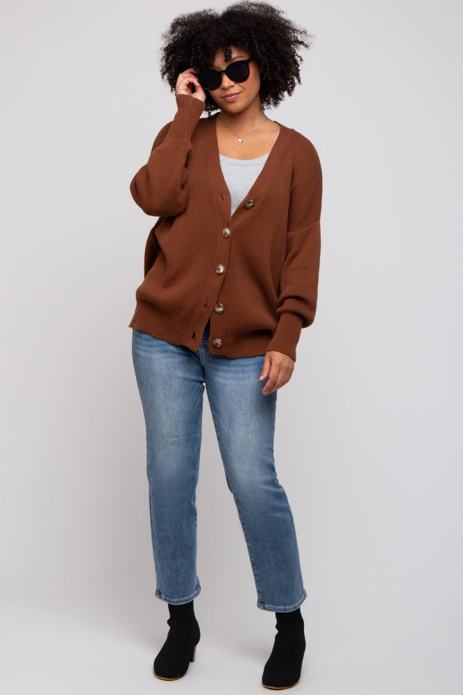 Dark Rust Basic Ribbed Maternity Cardigan Sweater