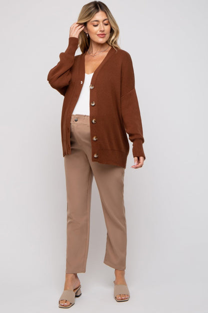 Dark Rust Basic Ribbed Maternity Cardigan Sweater