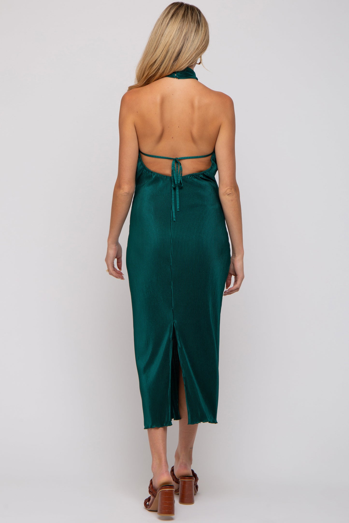 Forest Green Knot Front Plisse Halter Maternity Midi Dress